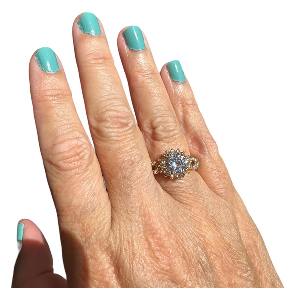 Round Cubic Zirconia with Diamond Accented Gold Ring - Picture 5 of 10